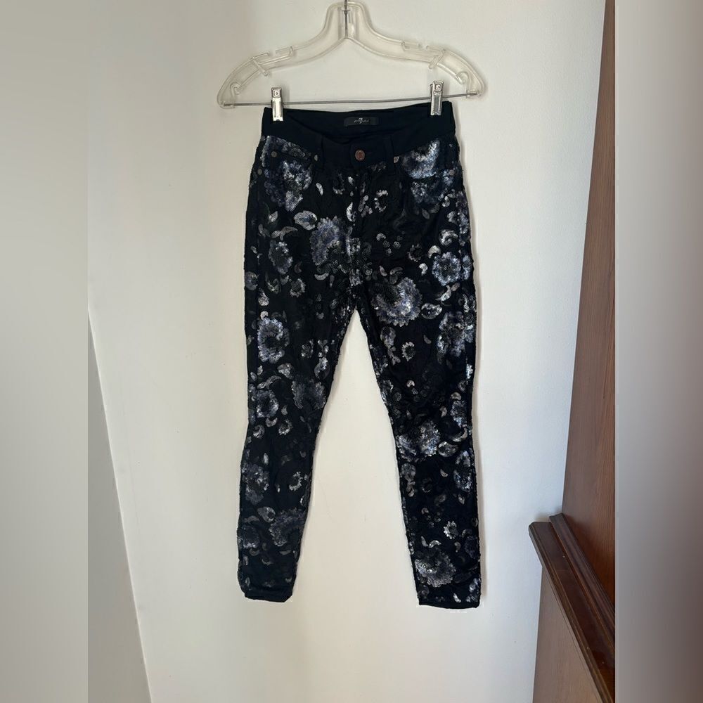 7 For All Mankind Sequin Embellished Skinny Jeans Black Blue Size 25